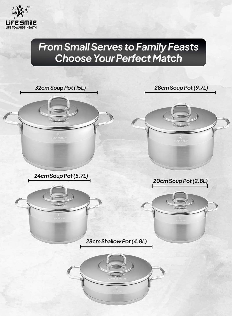 Life Smile Stainless Steel Cookware Set with Lids | 20cm, 24cm, 28cm & 32cm Soup Pots + 28cm Shallow Pot-Multi-Size Cooking Pots - Image 3